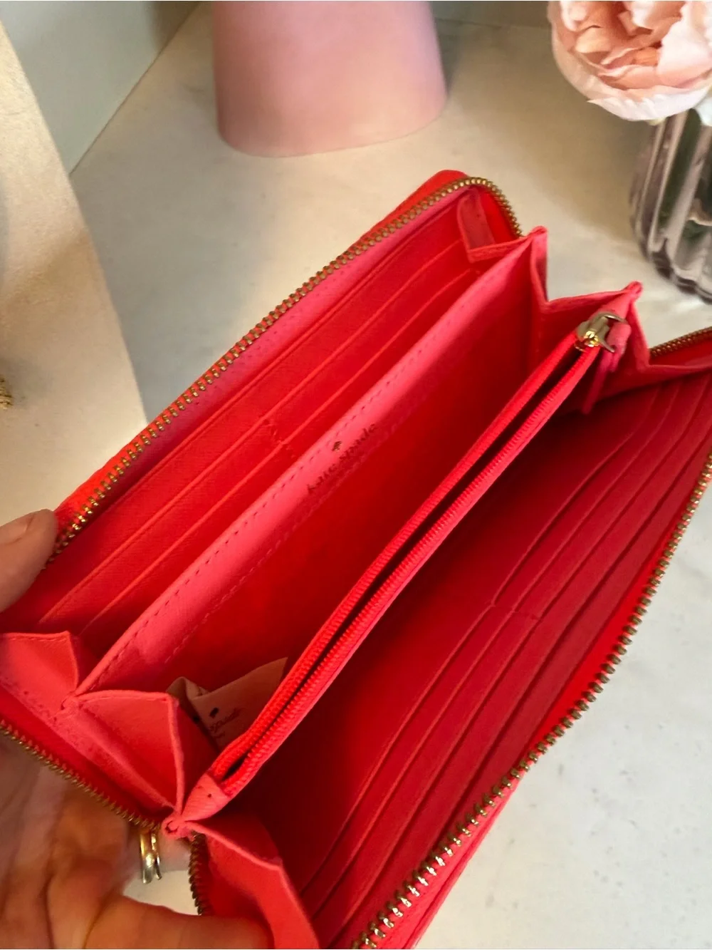 kate spade EUC Brown double face zipper Wallet with Coral Underlay and Trim